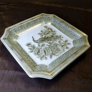 Vintage Japanese JADE GREEN GOLD PEACOCK trinket dish plate floral Asian square